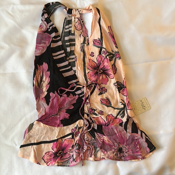 Free People XSm Top Hot Tropics Floral Dark Combo Cinched Halter Racerback NWT - Picture 2 of 9